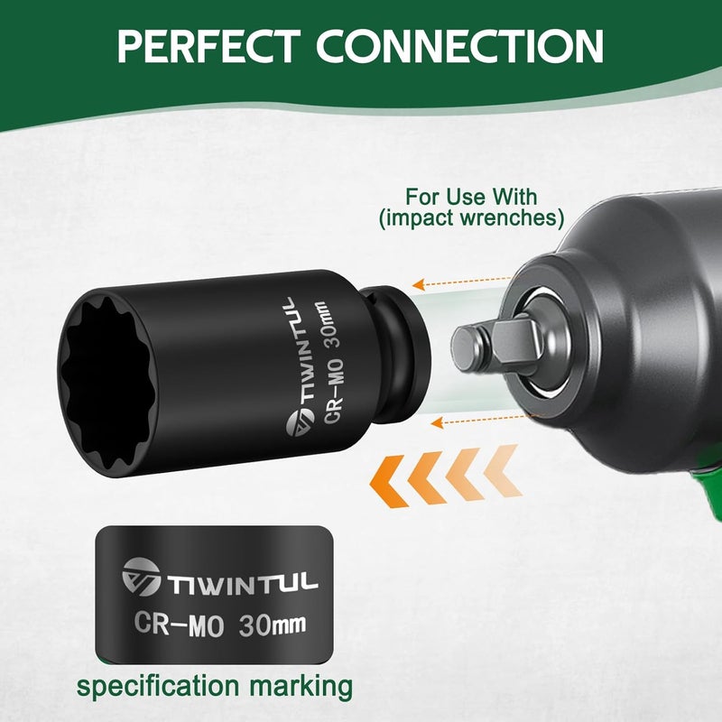 TIWINTUL 30mm 12 Point Impact Socket 1/2 Inch Drive, Deep CR-MO Steel Impact Socket, 3.07" Length, Metric Size, Axle Nut Socket for Easy Removal of Axle Shaft Nuts - Image 5